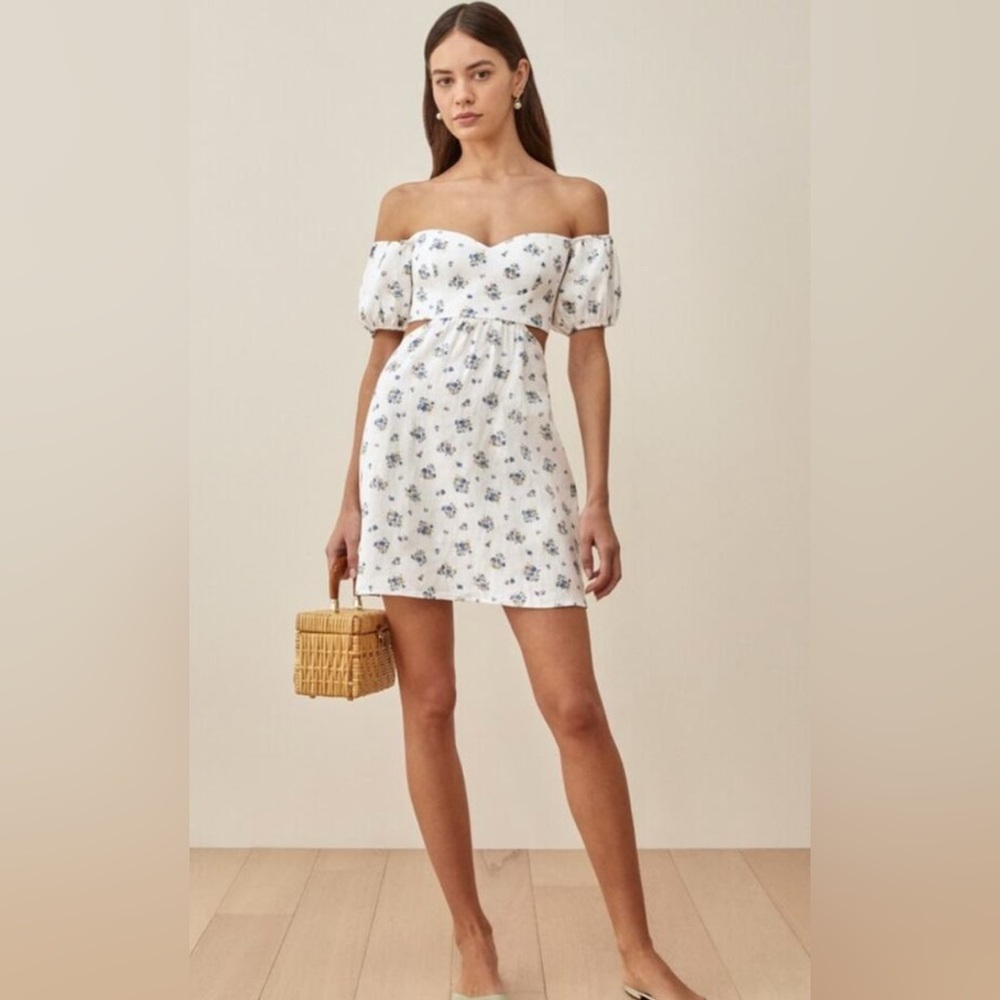 NWT Reformation Emilia Linen White Floral mini  Off Shoulder Sz 10